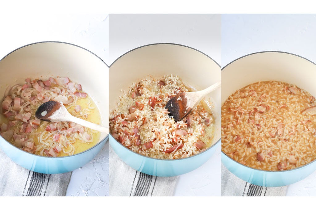 collage of three images from left to right. left - bacon and shallot added to dutch oven, middle - rice being coated in butter in dutch oven, right - stock being added to rice
