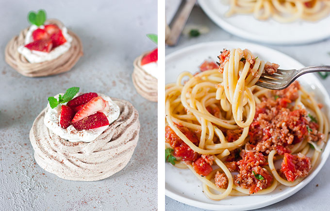chocolate meringue with strawberries and cream on left hand side, bucatini all'amatriciana on white place on right hand side