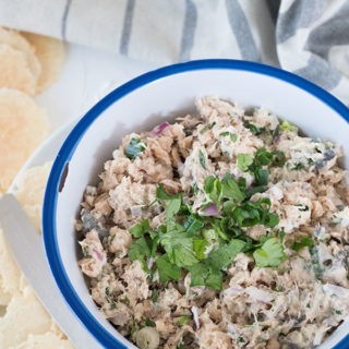 salmon dip in white bowl with bluoe rim